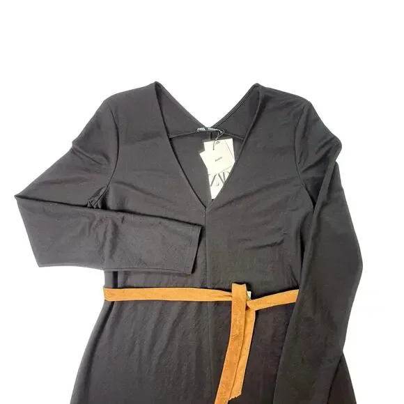 ZARA Black Long Sleeve Midi Dress with Camel Suede Belt NWT Size Small - Picture 5 of 12